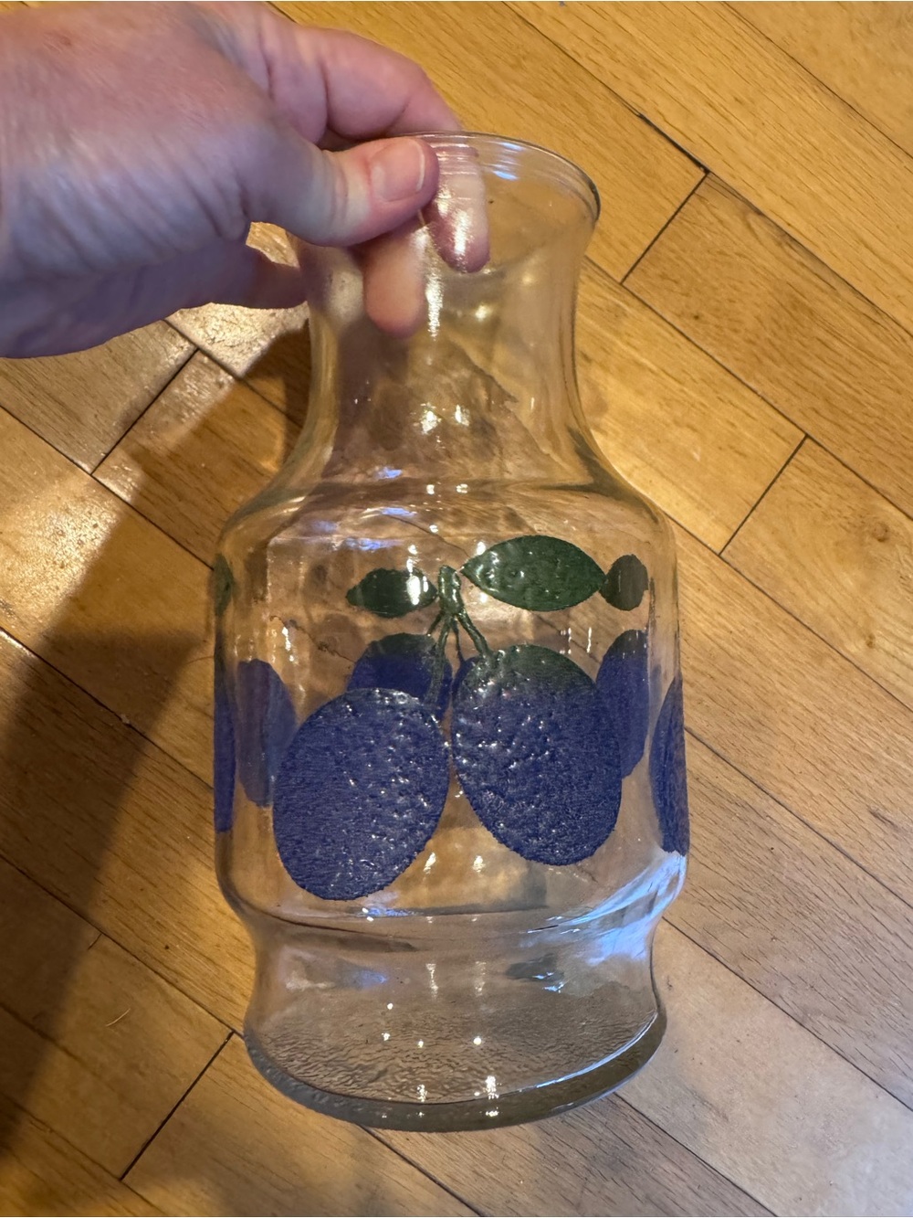 Vintage Glass Carafe/Crock/Vase with Blue Fruit Plum Motif Anchor Hocking